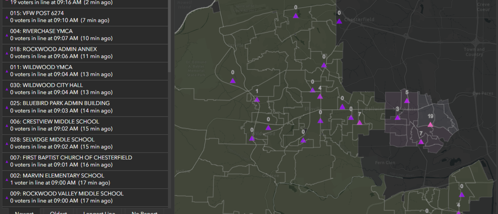 Map showing a list of voting locations and line wait times/number of people in line