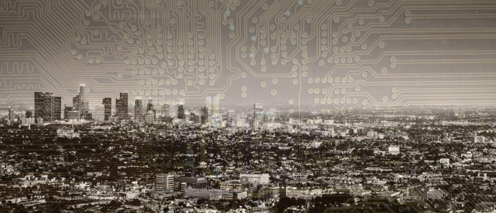 Metropolish skyline with a translucent overlay of a computer chip