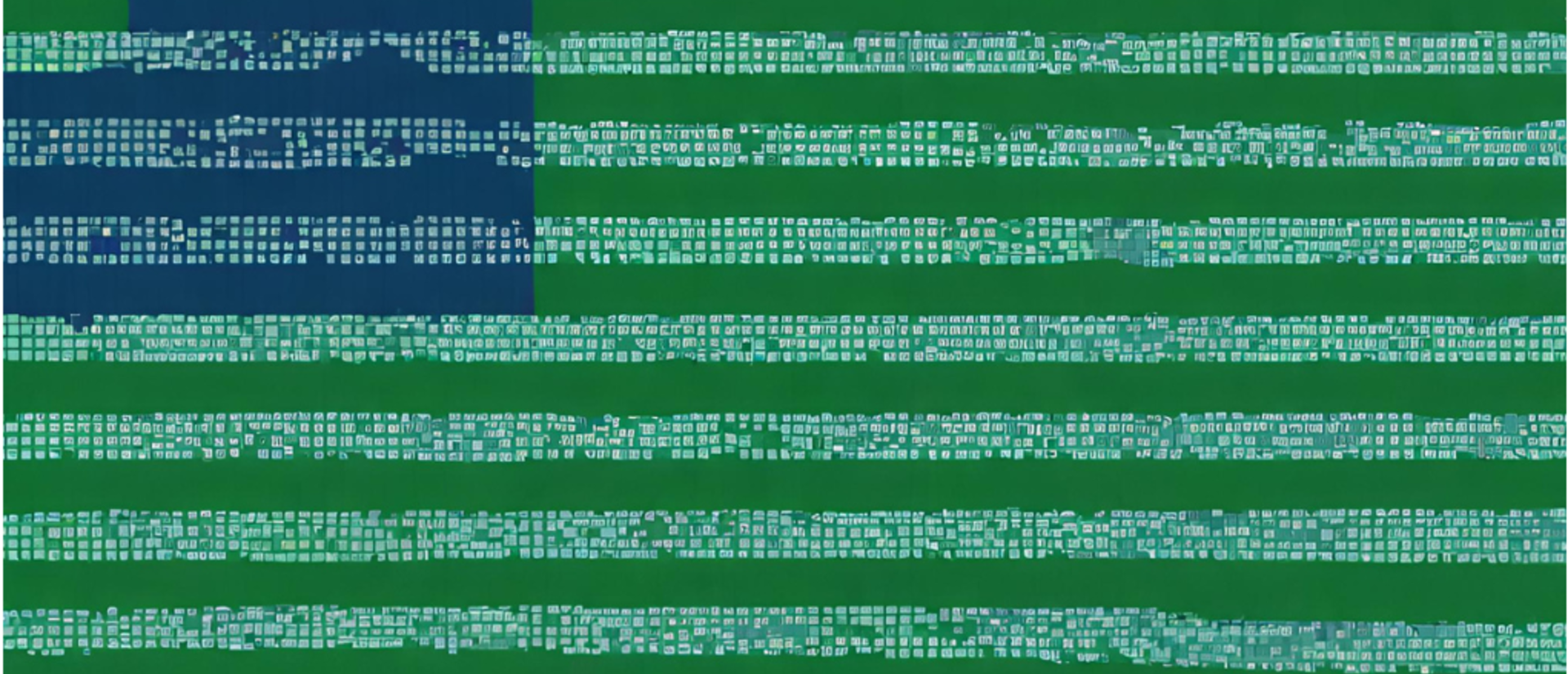 Stylized green and blue American flag made up of 0s and 1s