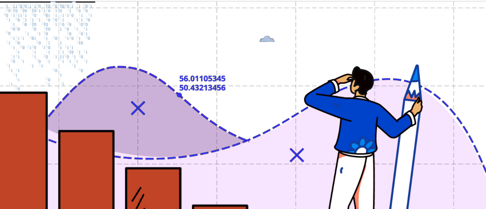 Drawing of a man looking at larger-than-life-sized graphs and charts