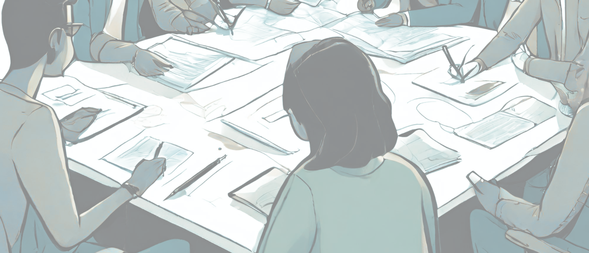 Sketch drawing of people around a table with papers