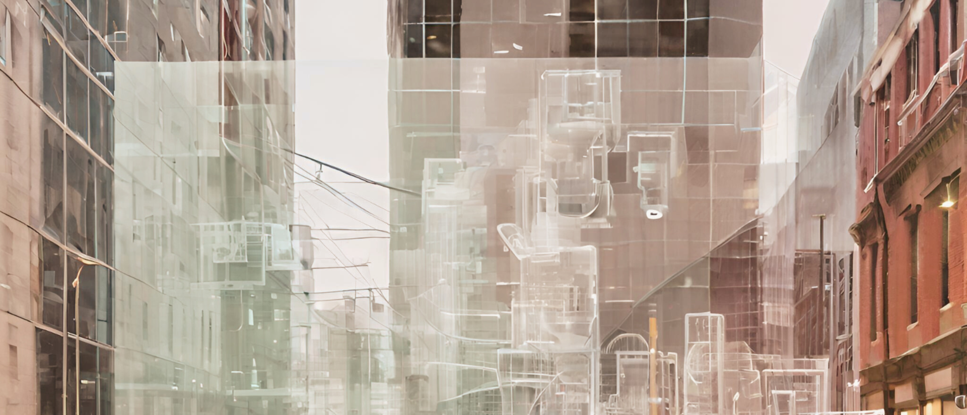 Stylized image of city buildings overlapping each other with opaque layers